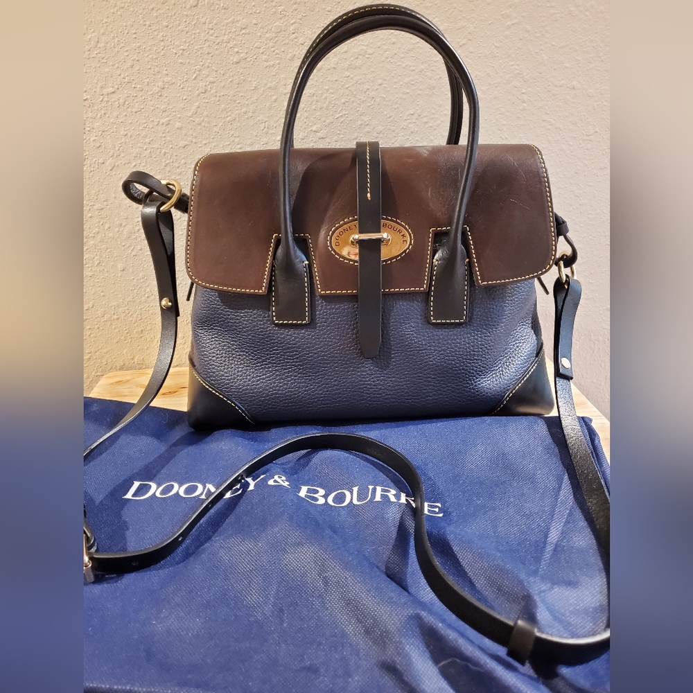 Dooney & Bourke Navy Pebble Leather Satchel with Black Leather Trim